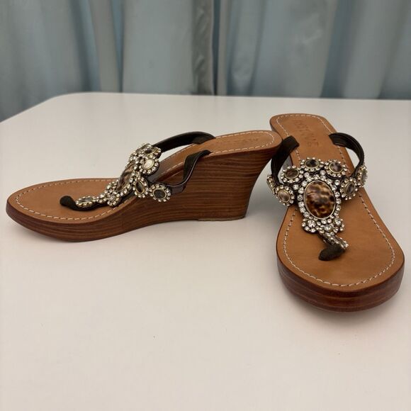 Wedge Thong Sandal Sz 8 Brown Leo Crystal Monique MobWives BarbieCorp‎ Embellish - Picture 1 of 7